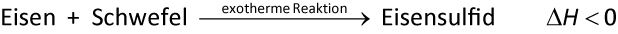 reaktionsschema: eisen und schwefel reagiert iin exotherme Reaktion zu Eisensulfid; DeltaH < 0