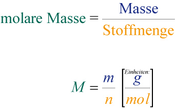 Mathematische Gleichung: Molare Masse ist gleich Masse durch die Stoffmenge; Einheit = Gramm durch mol