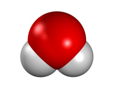 Wasserkalottenmodell: ein Sauerstoffatom (rot) und zwei weiße Wasserstoffatome