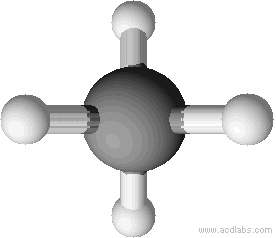 Kugelstabmodell eines Methanmoleküls in der Draufsicht.